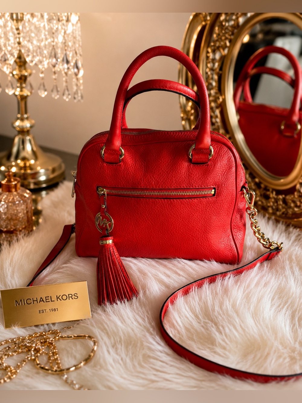 Michael Kors Red Pebbled Leather Knox Satchel Crossbody Gold Chain Tassel Charm